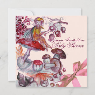 MAGIC FOLLET,MUSHROOMS ,PINK BOW BABY GIRL SHOWER INVITATION