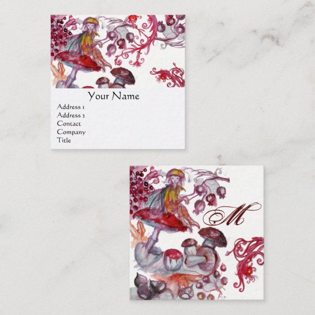 MAGIC FOLLET OF MUSHROOMS Fantasy Floral Monogram Square Business Card (Front/Back)