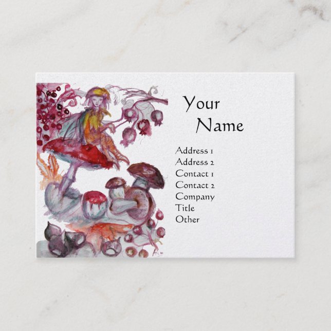MAGIC FOLLET OF MUSHROOMS ,Fantasy Red White Pearl Business Card (Front)
