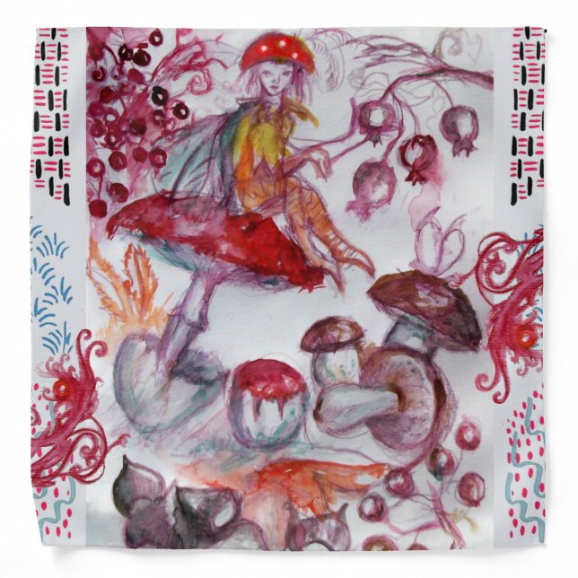 MAGIC FOLLET OF MUSHROOMS Red White Fantasy Floral Bandana (Front)