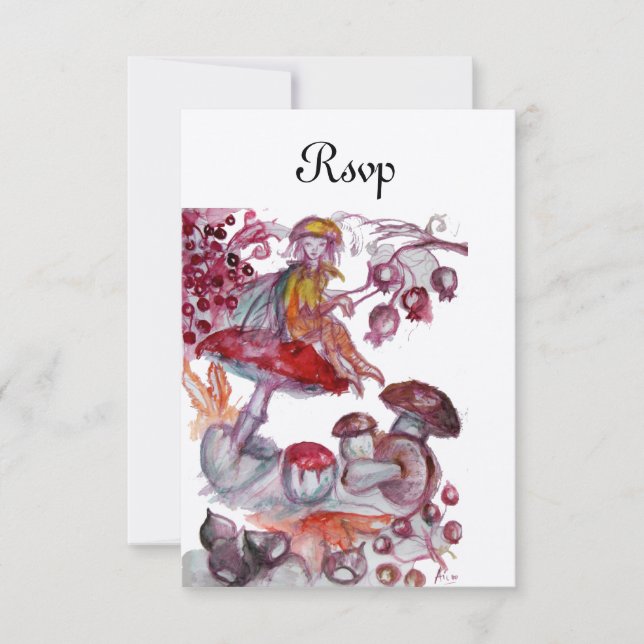 MAGIC FOLLET OF MUSHROOMS Red White Fantasy RSVP Invitation (Front)