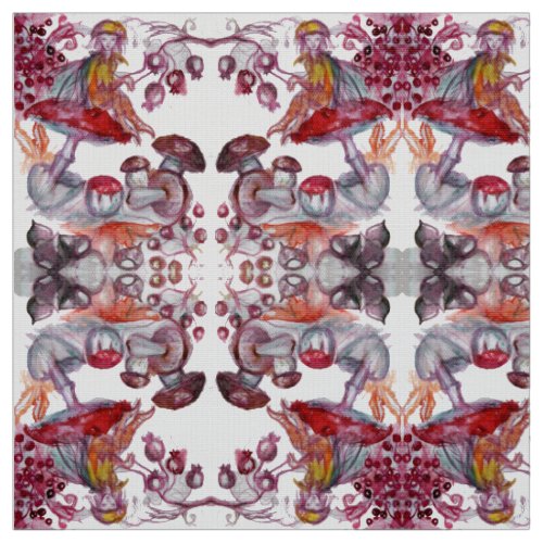 MAGIC FOLLET OF MUSHROOMS Red White Flora Fantasy Fabric