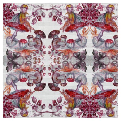 MAGIC FOLLET OF MUSHROOMS Red White Flora Fantasy Fabric