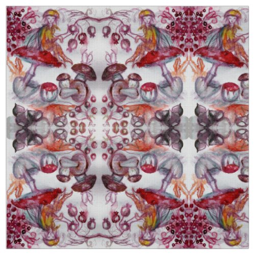 MAGIC FOLLET OF MUSHROOMS Red White Flora Fantasy Fabric