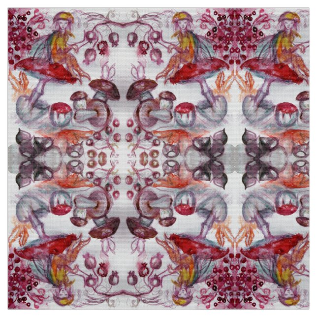 MAGIC FOLLET OF MUSHROOMS Red White Flora Fantasy Fabric (Swatch)