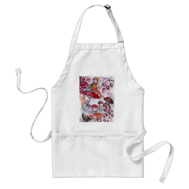 MAGIC FOLLET OF MUSHROOMS Red White Floral Fantasy Adult Apron (Front)