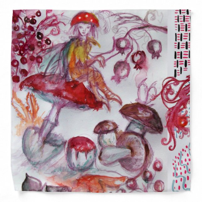 MAGIC FOLLET OF MUSHROOMS Red White Floral Fantasy Bandana (Front)