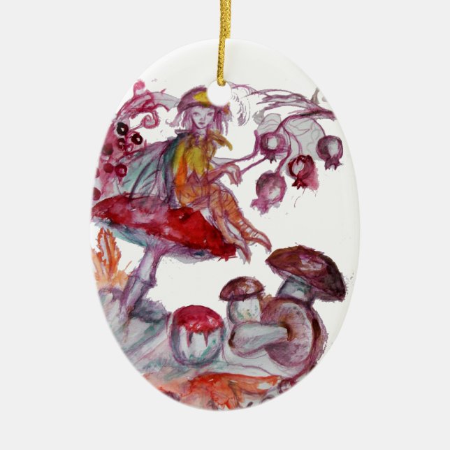 MAGIC FOLLET OF MUSHROOMS Red White Floral Fantasy Ceramic Ornament (Front)