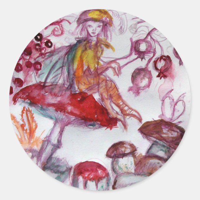 MAGIC FOLLET OF MUSHROOMS Red White Floral Fantasy Classic Round Sticker (Front)