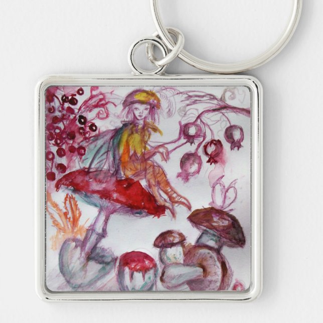 MAGIC FOLLET OF MUSHROOMS Red White Floral Fantasy Keychain (Front)