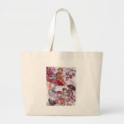 MAGIC FOLLET OF MUSHROOMS Red White Floral Fantasy Large Tote Bag