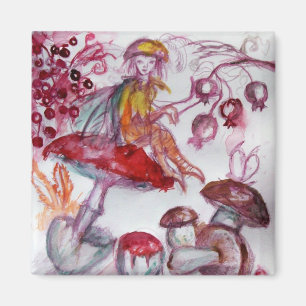 MAGIC FOLLET OF MUSHROOMS Red White Floral Fantasy Magnet