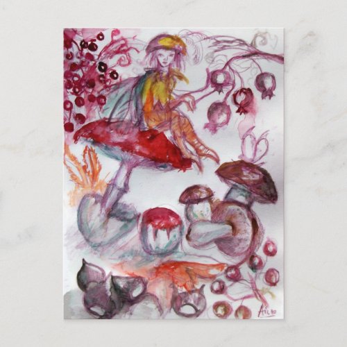 MAGIC FOLLET OF MUSHROOMS Red White Floral Fantasy Postcard