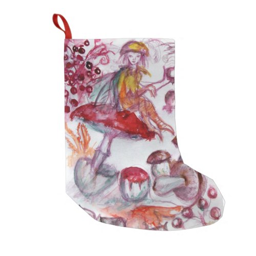 MAGIC FOLLET OF MUSHROOMS Red White Floral Fantasy Small Christmas Stocking