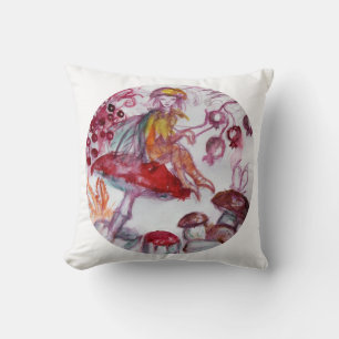 MAGIC FOLLET OF MUSHROOMS Red White Floral Fantasy Throw Pillow