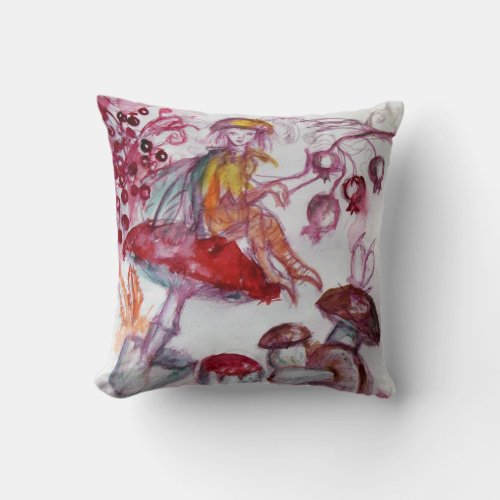MAGIC FOLLET OF MUSHROOMS Red White Floral Fantasy Throw Pillow