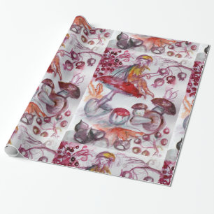 MAGIC FOLLET OF MUSHROOMS Red White Floral Fantasy Wrapping Paper