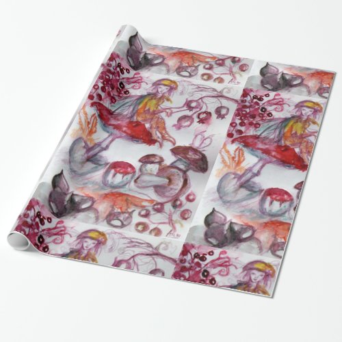 MAGIC FOLLET OF MUSHROOMS Red White Floral Fantasy Wrapping Paper