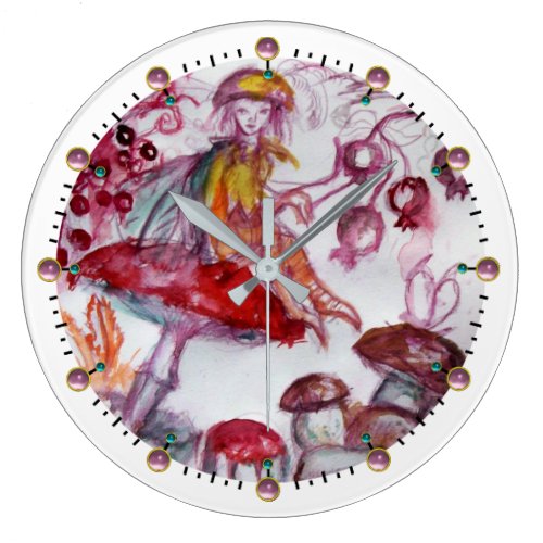 MAGIC FOLLET OF MUSHROOMS Whire Red Floral Fantasy Large Clock