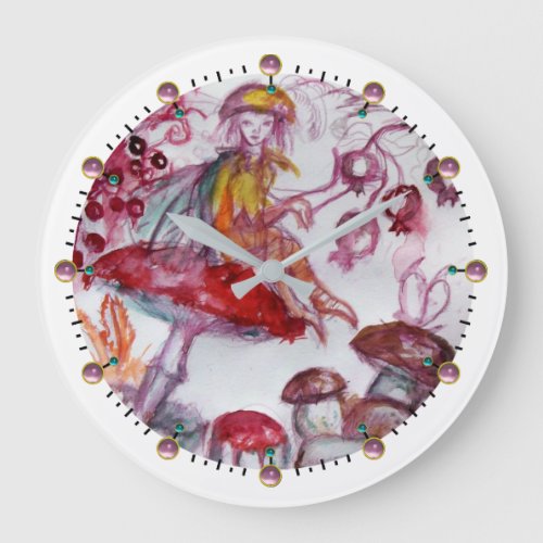 MAGIC FOLLET OF MUSHROOMS Whire Red Floral Fantasy Large Clock