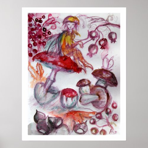 MAGIC FOLLET OF MUSHROOMS Whire Red Floral Fantasy Poster