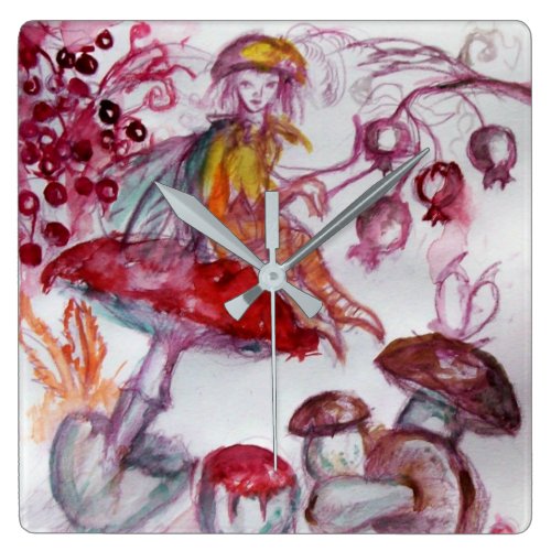 MAGIC FOLLET OF MUSHROOMS Whire Red Floral Fantasy Square Wall Clock