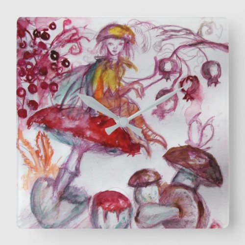 MAGIC FOLLET OF MUSHROOMS Whire Red Floral Fantasy Square Wall Clock