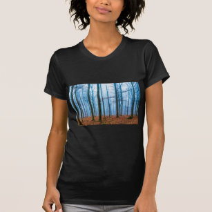 Magic forest in fog in blue and orange T-Shirt