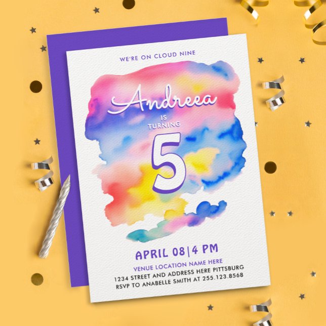 Magic Girly Colorful Cloud Nine Bday Watercolor Invitation (Creator Uploaded)