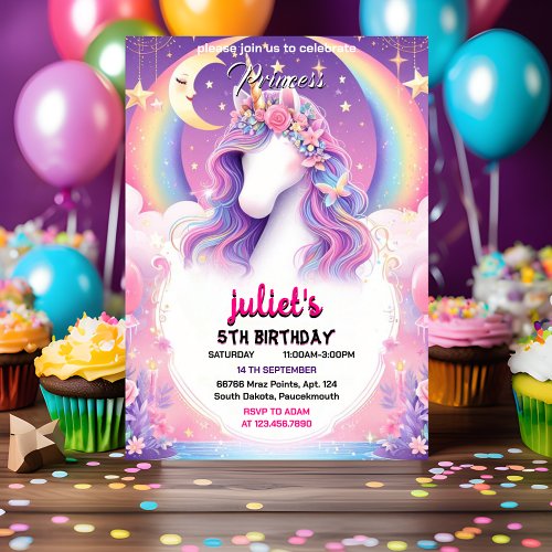 magic girly cute purple pink unicorn 1st birthday invitation