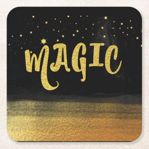  MAGIC Gold  Black Chic Magical Good Vibes Square Paper Coaster