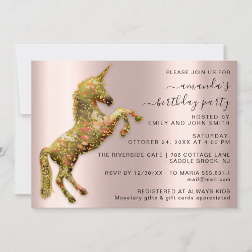 Magic Gold  Mimetic Unicorn Horse Birthday Party Invitation