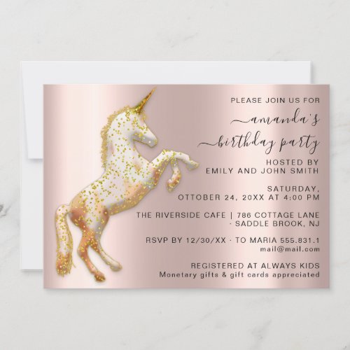 Magic Gold  Unicorn Horse Birthday Party Invitation