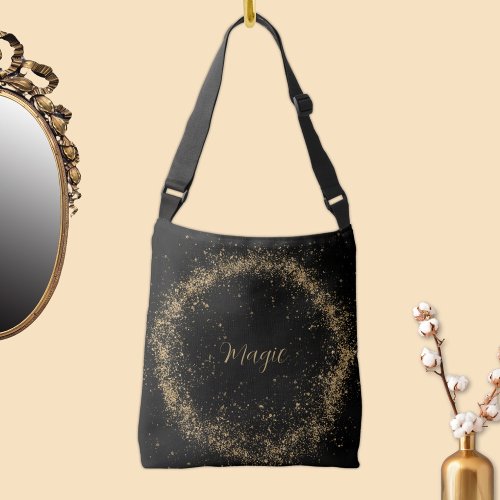 Magic Golden Glitter Circle on Black Crossbody Bag