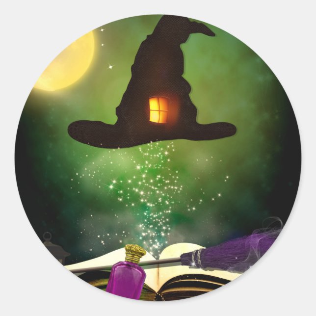 Magic Hat & Magical Spell Book Whimsical Fun Party Classic Round Sticker (Front)