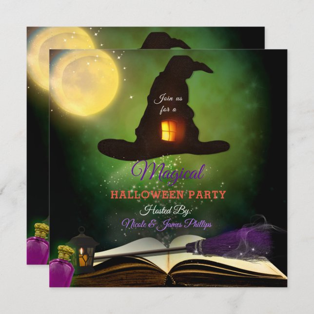 Magic Hat & Magical Spell Book Whimsical Fun Party Invitation (Front/Back)