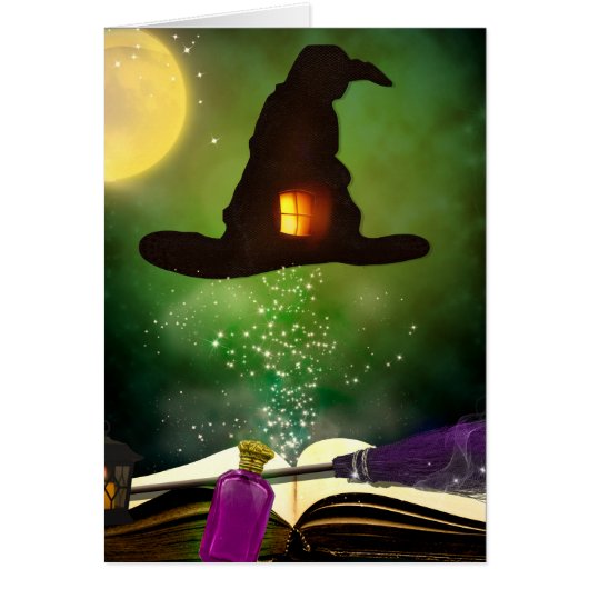Magic Hat & Magical Spell Book Whimsical Halloween Cards (Front)