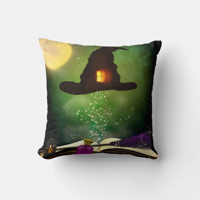 Magic Hat & Magical Spell Book Whimsical Halloween Throw Pillow (Front)