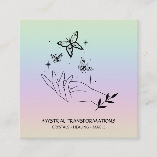 *~* Magic Healing Hands Butterlies Pastel Rainbow Square Business Card (Front)