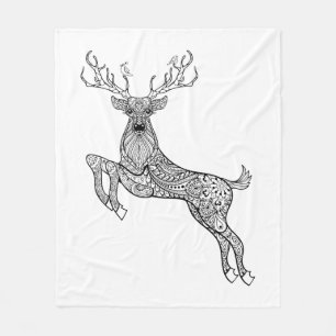 Magic Horned Deer With Birds Doodle Fleece Blanket