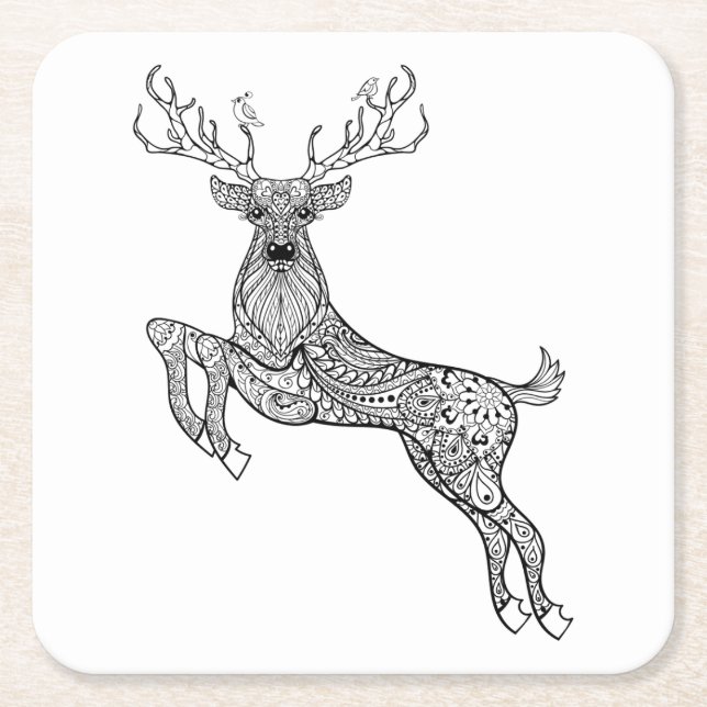 Magic Horned Deer With Birds Doodle Square Paper Coaster (Front)