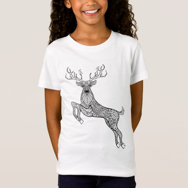 Magic Horned Deer With Birds Doodle T-Shirt (Front)