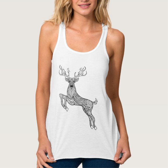 Magic Horned Deer With Birds Doodle Tank Top (Front)