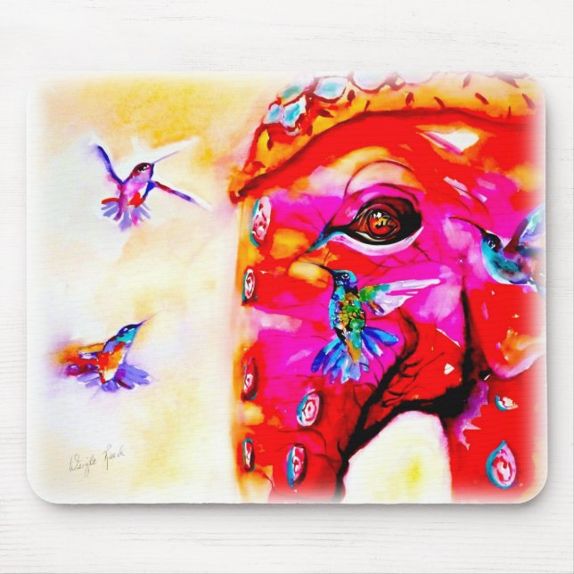 "Magic in All Sizes" Hummingbirds & Elephant Print Mouse Pad (Front)
