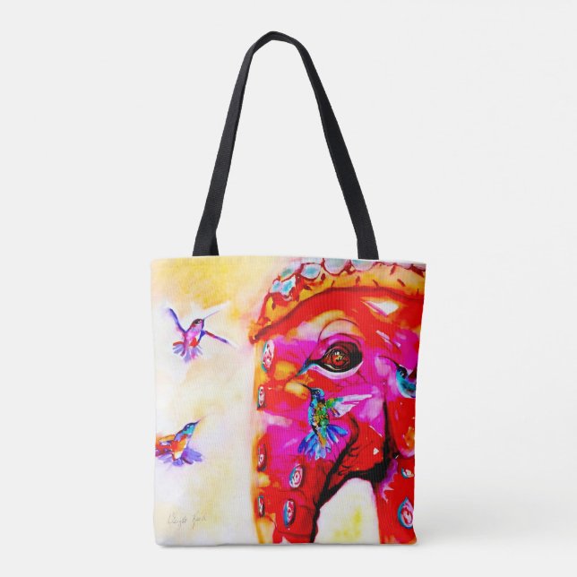 "Magic in All Sizes" Hummingbirds & Elephant Print Tote Bag (Back)