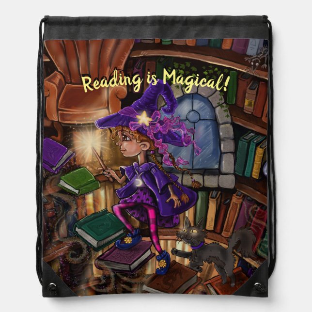 Magic In the Library 'Reading is Magical'  Drawstring Bag (Front)