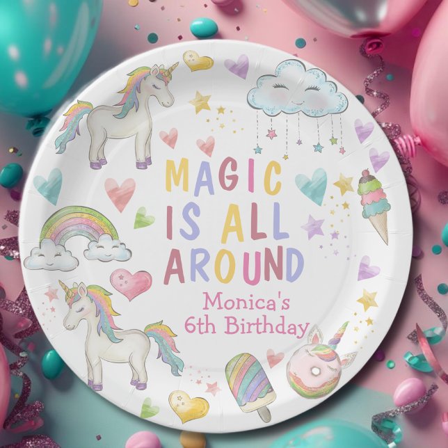 Magic is all around pastel unicorn birthday paper plates (Creator Uploaded)