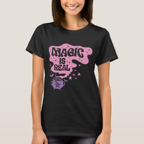 Magic Is Real Cauldron Bat Stars Black Halloween T_Shirt