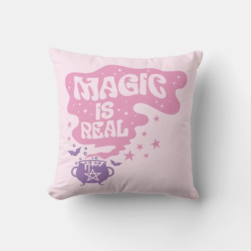 Magic is Real Cauldron Pentagram Pink Halloween Throw Pillow