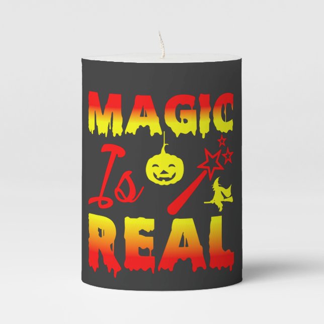 Magic Is Real Halloween Pumpkin Witch Spell Wand  Pillar Candle (Front)